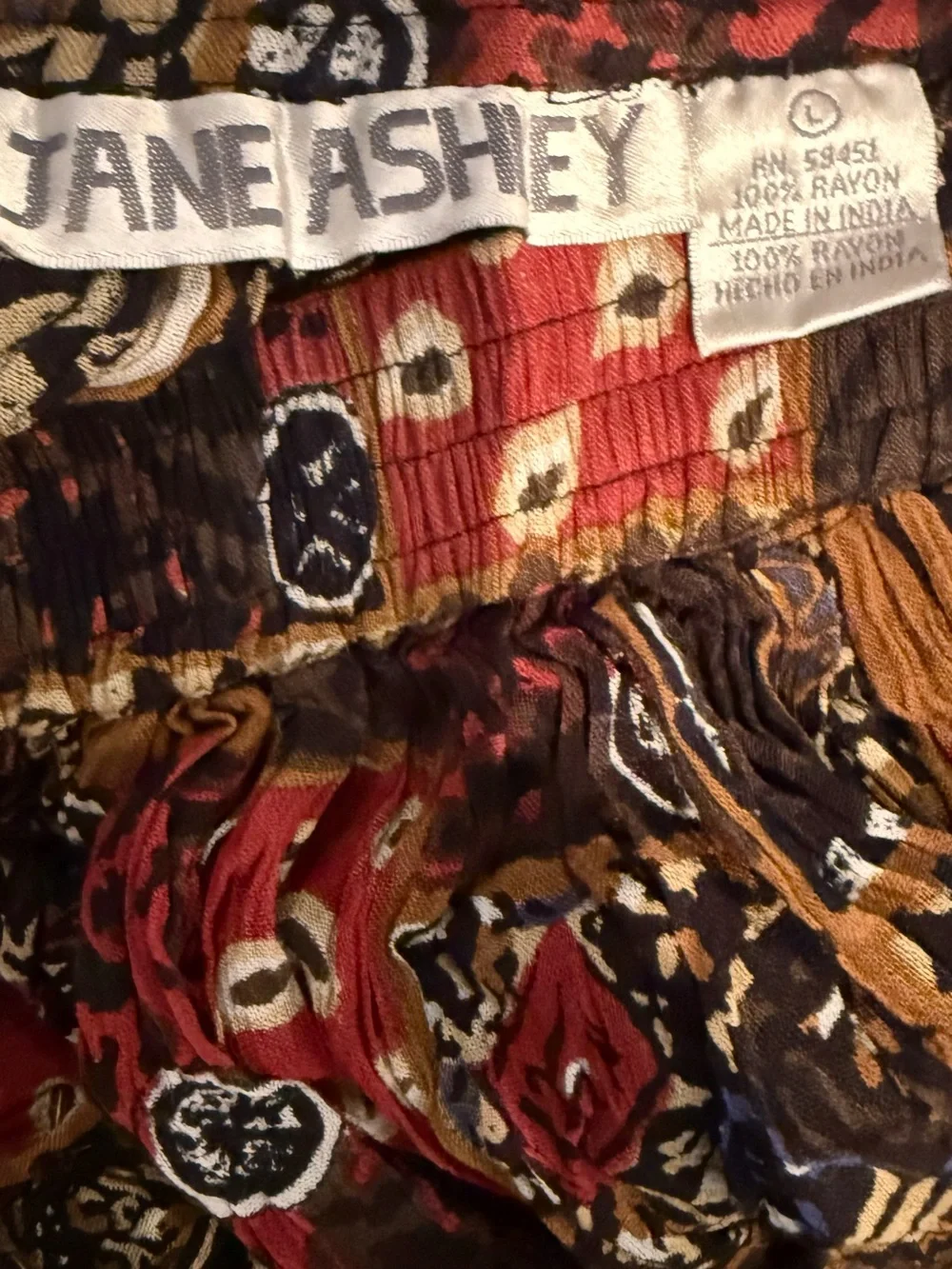 Jane Ashley Brown Red Maxi Skirt Beaded Patchwork Boho Lagenlook Artsy Crinkle